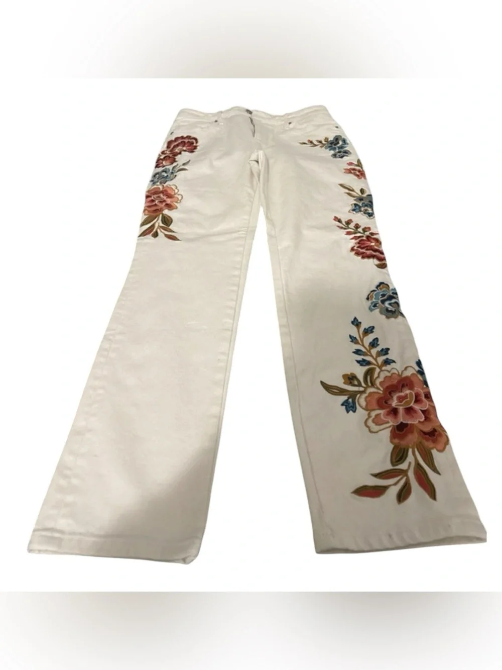 Driftwood Gizelle Embroidered White Denim Straight Leg Jeans Floral Pants - Picture 5 of 16